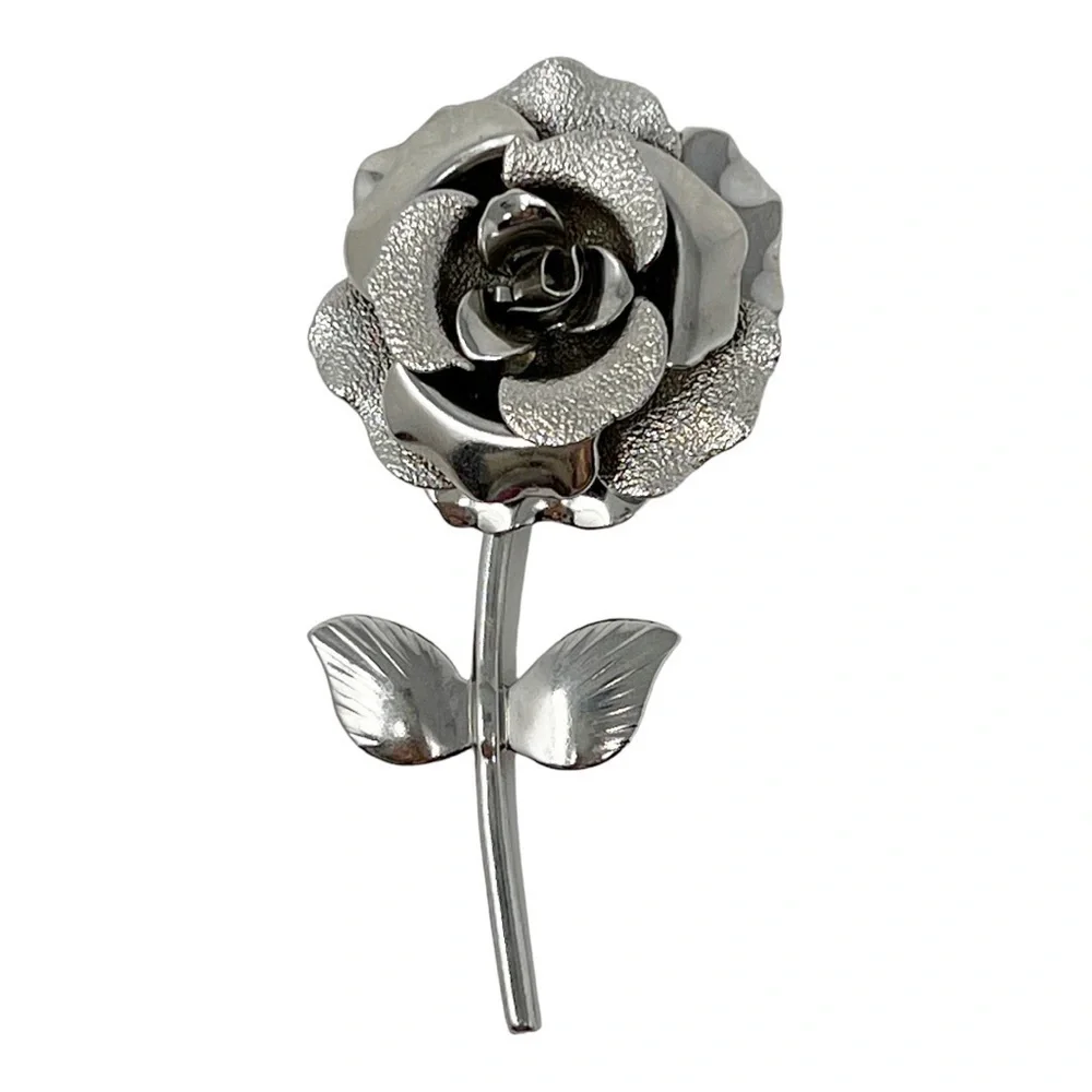 Vintage Silver Tone Rose Brooch, Retro Long Steam